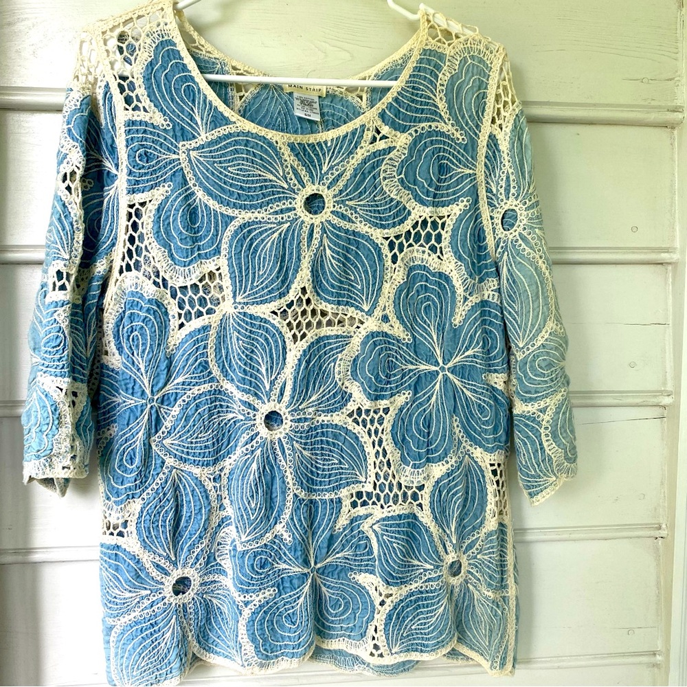 Main Strip blue and cream crochet tunic - S/M